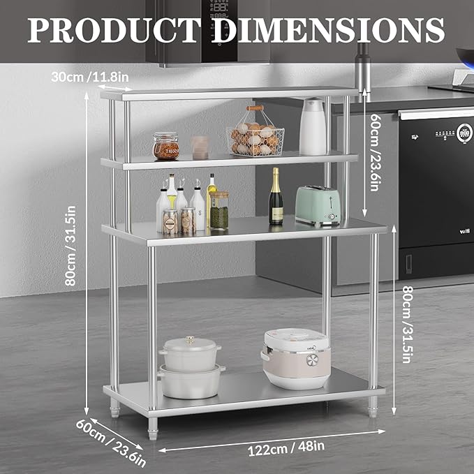 48x24 Stainless Steel Work Table with 2-Tier Adjustable Overshelves Commercial Prep Table for Kitchen Restaurant Garage Laundry Utility Room