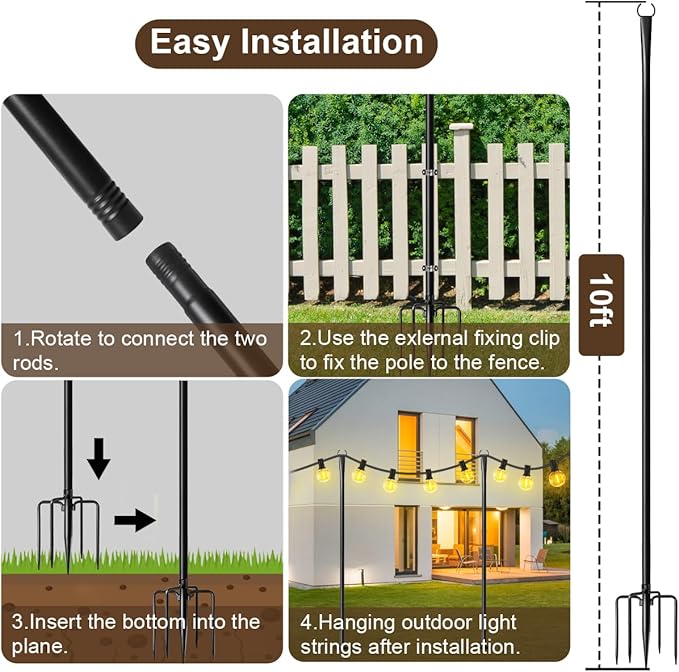 2 Pack 10FT Lighting Hanging Pole for Outside Waterproof Hardened Metal Outdoor String Light Poles for Patio Garden Bistro Wedding Parties
