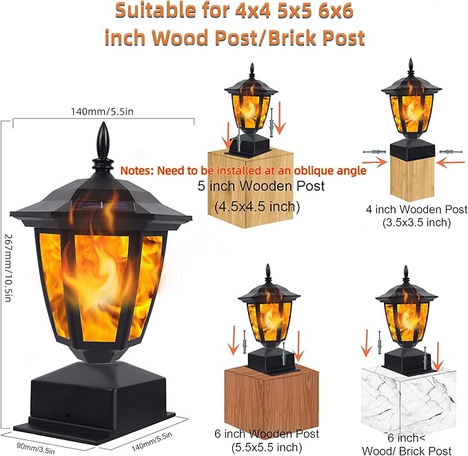 Dynaming Solar Flame Post Lights Outdoor Solar Powered Lamps Fence Post Cap Lights Flickering Flame LED Lantern Decorative Waterproof for Garden Deck Patio Fit 4x4 5x5 or 6x6 Wooden Posts 6 Pack