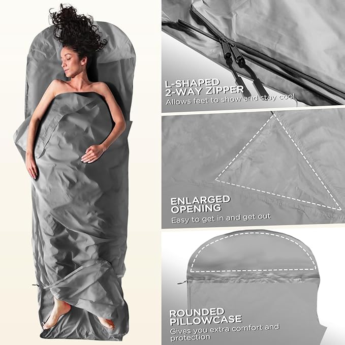 Ultralight Sleeping Bag Liner - 5.3 oz Washable Adult Sleep Sack &amp Travel Sheets Self Tan Sleep Sack with Two-Way-Zipper for Backpacking Hotel Camping Travel