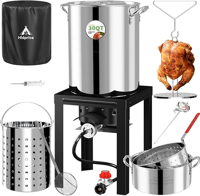 Stainless Steel Turkey Fryer Kit 30QT Deep Pot &amp 10QT Fish Fryer Waterproof Cover &amp 12-inch Skimmer 55000 BTUS Propane Burner Stove Outdoor Deep Fryer Crawfish Boiler with Basket