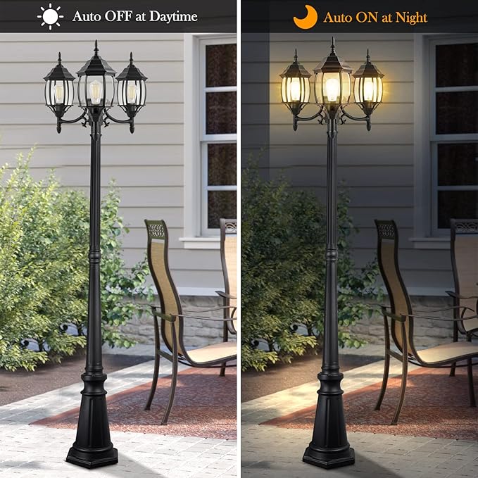 Dusk to Dawn Sensor Outdoor Lamp Post Light 3-Head Classic Black Light Pole with Clear Glass Panels (3 LED Bulbs Included Max.100W) Waterproof Outside Street Light for Backyard Garden Driveway