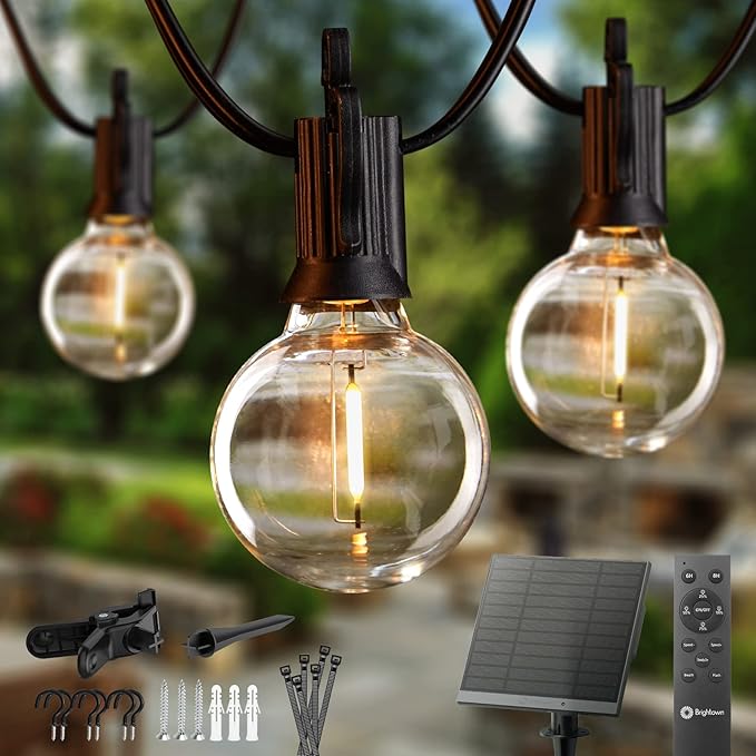 Brightown 58FT Solar String Lights Outdoor with Remote Cable Ties Hooks 26 LED Shatterproof Bulbs 3 Light Modes Dimmer &amp Timer Commercial Grade Patio Lights for Yard Balcony Pergola Party Deco