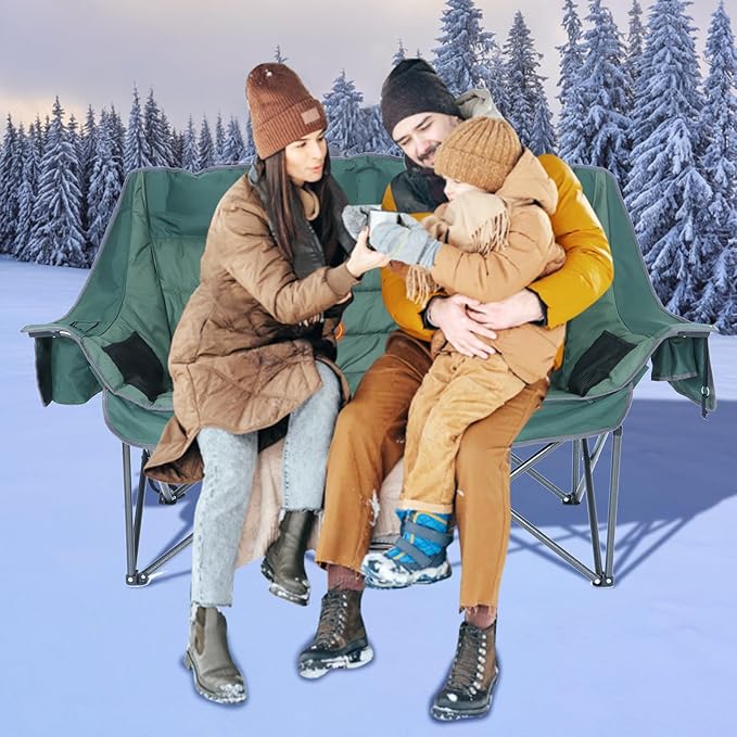CDEN Heated Double Camping Chair Padded Oversized Folding Loveseat Portable Outdoor Sofa with Cup Holders Carry Bag Cooler Bag Bottle Opener for Camping Picnic BBQ Lawn Fishing (Green)