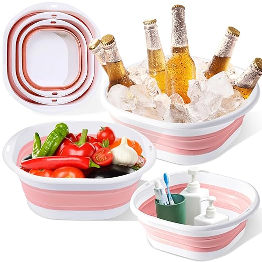 Collapsible Basin 3 Set Foldable Wash Basin Plastic Laundry Tub Space Saving Wash Tub for Dish Fruit Camping Laundry Hiking &amp Home (Pink)