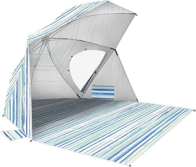 OutdoorMaster Pop Up Beach Umbrella Portable Beach Tent Shelter Beach Shade Sun Canopy with UPF 50+ UV Protection Extendable Floor with Carrying Bag