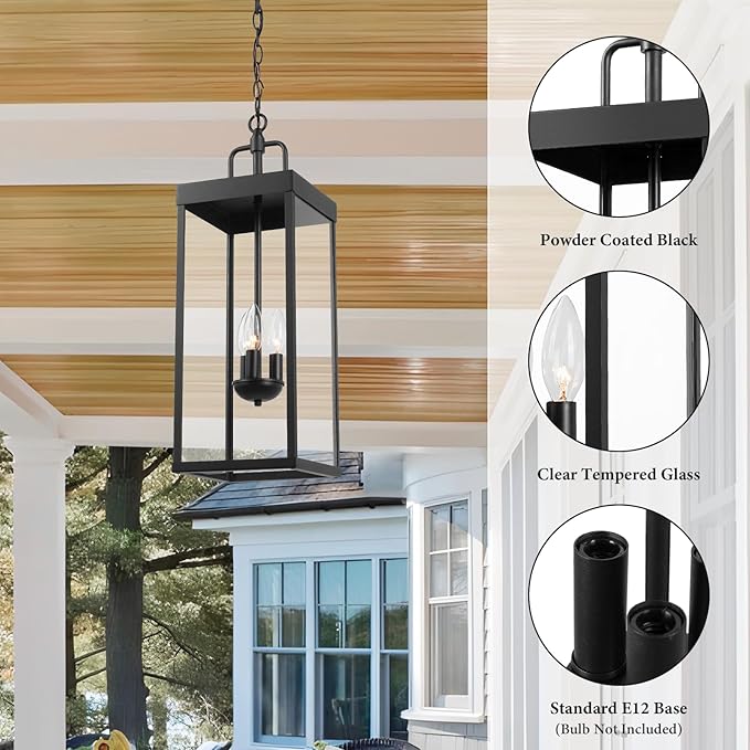 Large Outdoor Pendant Lantern Light Fixture for Front Porch 24 Inch 3-Light Black Exterior Hanging Chandelier with Clear Glass Outdoor Indoor Pendant Lamp for Patio Gazebo Entryway Doorway