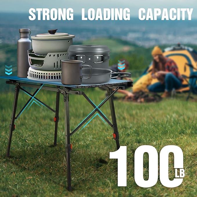 VILLEY Portable Camping Table with Adjustable Legs Lightweight Aluminum Folding Beach Table with Carrying Bag for Outdoor Cooking Picnic Beach Backyards BBQ and Party