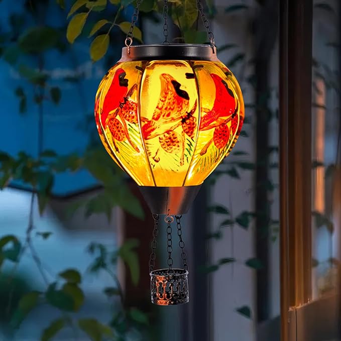 Cardinal Solar Hot Air Balloon Lantern with Flame Glass Balloon Solar Lantern Outdoor Waterproof Hanging Hot Air Balloon Solar Light Cardinal Gifts for Mom Woman Christmas