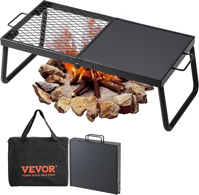 VEVOR Folding Campfire Grill Heavy Duty Steel Mesh Grate 22.4 Portable Camping Grates Over Fire Pit Camp Fire Cooking Equipment with Legs Carrying Bag Grilling Rack for Outdoor Open Flame Cooking