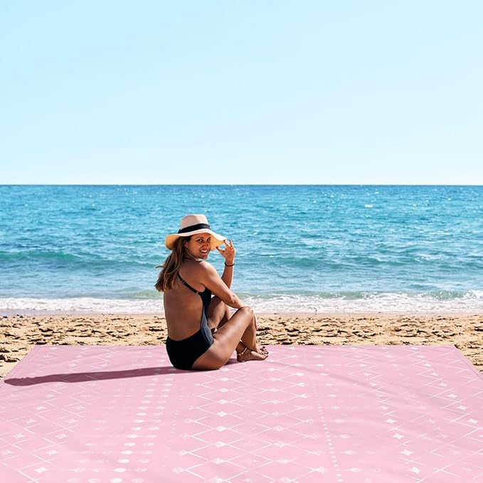 BEW Beach Blanket Waterproof Sandproof Moroccan Blythe Pink Picnic Blankets 86''×78'' Large Beach Mat Sand Free for 2-4 Adult Compact Quick Drying Outdoor Blanket Beach Essentials Must Have
