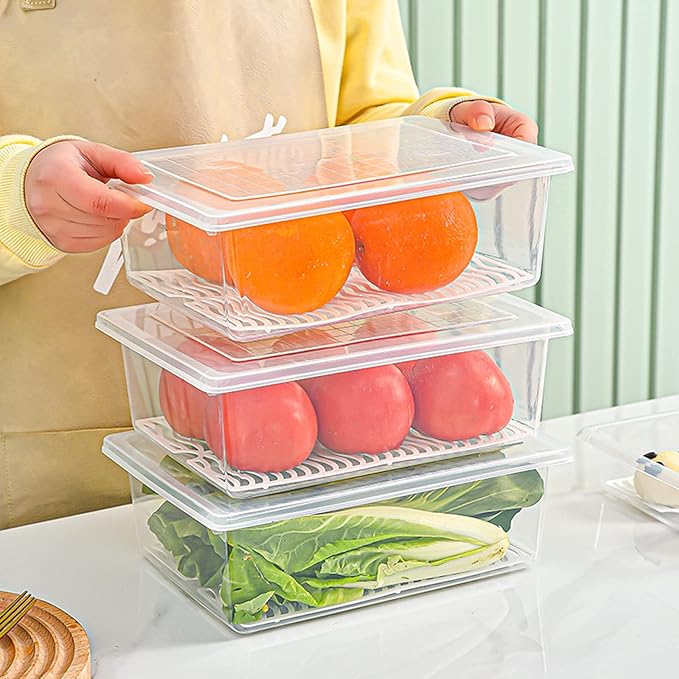 Food Storage Container Plastic Food Containers with Removable Drain Plate and Lid Stackable Portable Freezer Storage Containers - Tray to Keep Fruits Vegetables Meat (X-Large(4PCS))