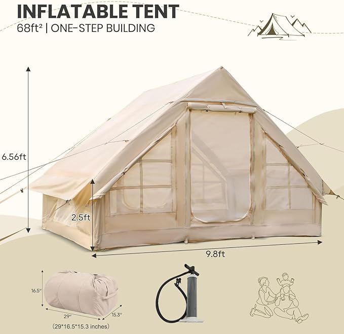 LVUYOYO Inflatable Camping Tent 4 Season Glamping Tent with Mesh Windows Waterproof Oxford Family Cabin Tents Easy Setup Blow Up Tent for Person