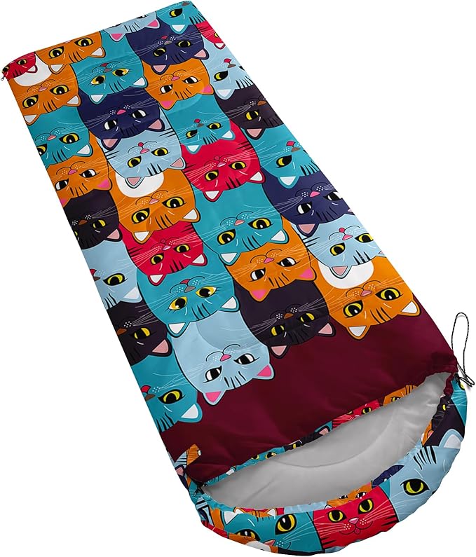 Axolotl Colorful Cats 3 Season Sleeping Bag for Kids Girls Teens - Warm and Cool Weather Pet Animal Theme Waterproof Lightweight for Traveling Outdoors Camping Equipment