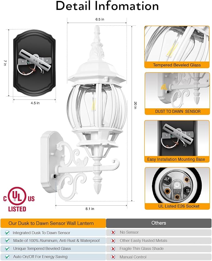 VIANIS Outdoor Wall Sconce White Dusk to Dawn Outdoor Lighting Wall Mounted 100% Aluminum Waterproof Exterior Front Porch Light Fixture for House Modern Outside Lantern Lights for Garage Lamp
