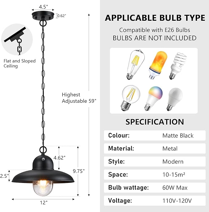 Dusk to Dawn Outdoor Pendant Lights for Porch 12 Outdoor Farmhouse Hanging Light Fixture with Adjustable Chain and Bubble Glass Black Rustic Exterior Pendant Light for Front Door Gazebo
