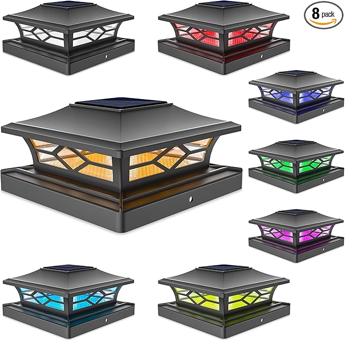 VOLISUN Solar Post Cap Light Outdoor Waterproof: RGB Color Changing - Solar Fence Cap Flashing Lights 8Pack Black for 4x4 5x5 6x6 Wooden Vinyl Post
