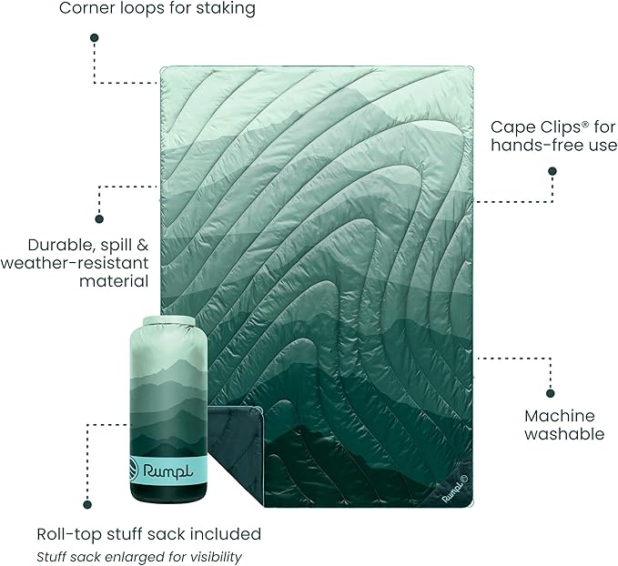 Rumpl Original Puffy Blanket - Warm Water-Resistant Camping Blanket with 100% Recycled Synthetic Insulation 52x75 Original Puffy V2 Cascade Fade - Green