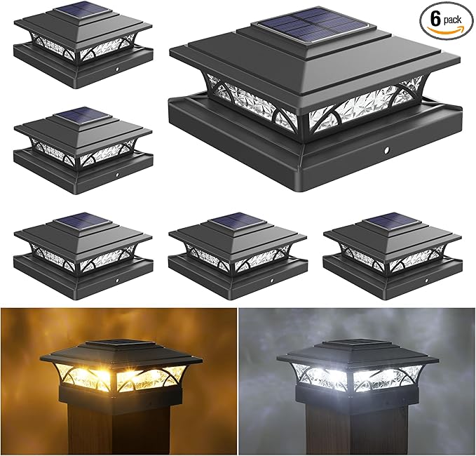 Solar Post Cap Lights Outdoor 6pack - Black Deck Fence Post Lights Solar Powered with 16LEDS 2 Lighting Modes 4x4/5x5/6x6 Waterproof Fence Post Lights for Garden Patio Porch Backyard