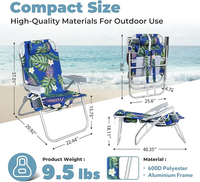 Tall Beach Chairs for Adults – 5-Position Reclining Backpack Chair with Large Insulated Cooler &amp Storage Pocket Portable Beach Chair for Travel &amp Outdoor Supports 300lbsTropical Palm 2 Pac