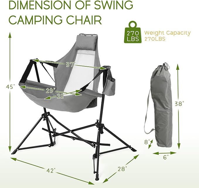 Hammock Folding Camping Chair - Outdoor Portable Swing Camp Chairs with Stand Adults Rocking Swinging Chair for Beach Lawn Patio (Grey)