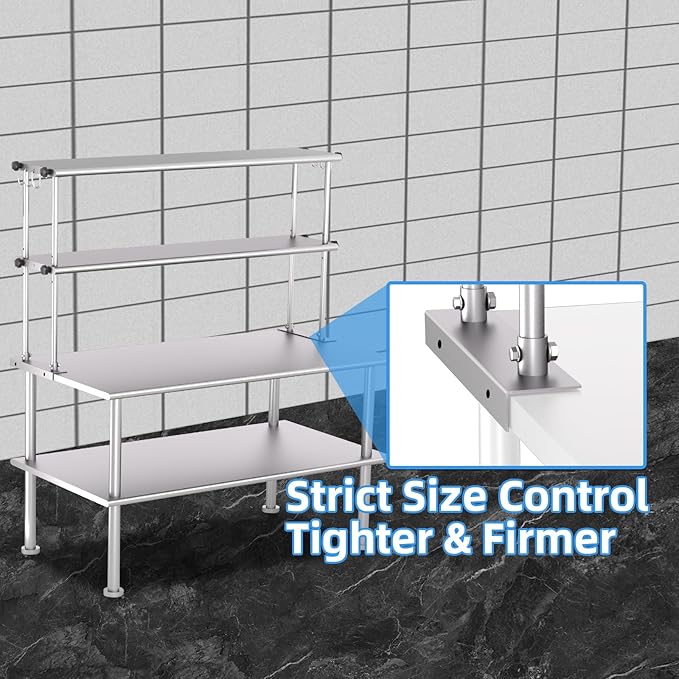Stainless Steel Double Overshelf 60 x 12 Adjustable Double Overshelf with 6 Hooks Commercial Double Shelf for 60 Prep Work Table in Restaurant Home Kitchen and Workshop