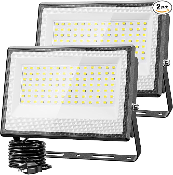 Olafus 2 Pack 130W LED Flood Light Outdoor 13000lm LED Work Light with Plug IP66 Waterproof Exterior Security Lights 6500K Daylight White Outside Floodlights for Playground Yard Stadium Lawn