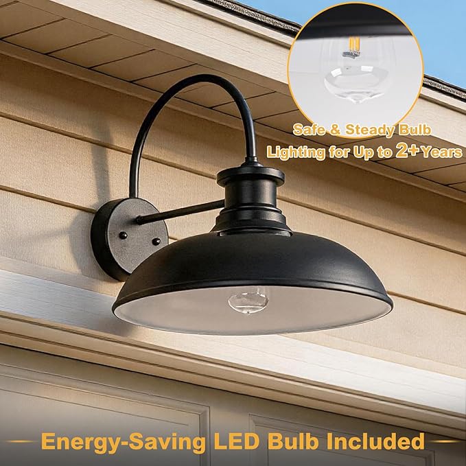 16 Extra Large Solar Barn Light for Outside Dusk to Dawn Gooseneck Farmhouse Barn Lights Waterproof Black Outdoor Wall Light Solar Powered for House Garage Patio 2-Pack