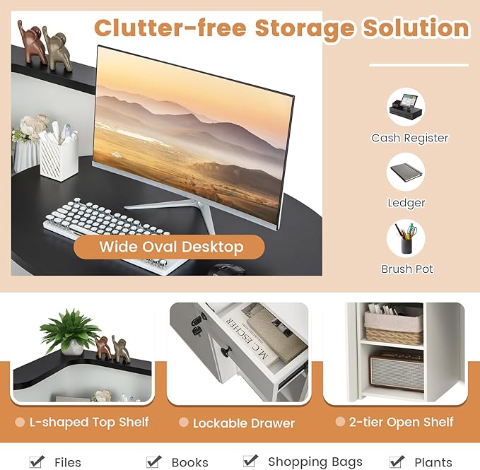 Reception Desk Front Desk Reception Counter with Oval Desktop Open Shelf &amp Lockable Drawer Small Retail Checkout Counter Table Wood Computer Workstation for Home Office Lobby &amp Salon