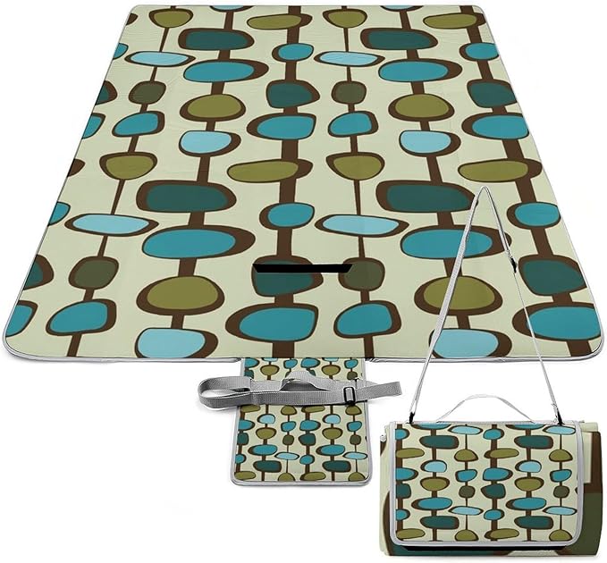 Vintage Mid Century Modern Lime Atomic Pattern Waterproof Outdoor Picnic Blanket Sandproof Beach Mat for Camping Hiking Grass Travelling