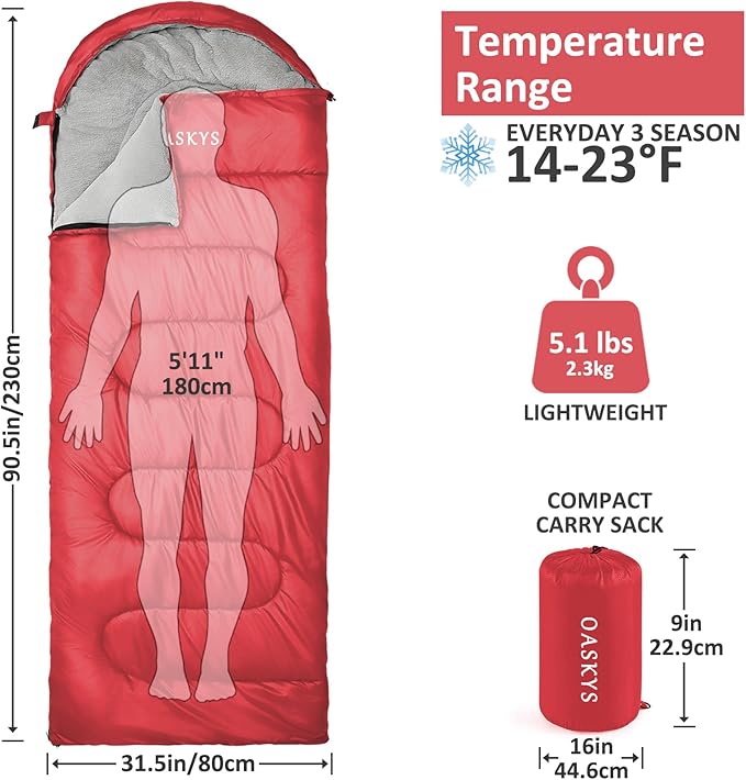 oaskys Camping Sleeping Bag - 3 Season Warm &amp Cool Weather - Summer Spring Fall Lightweight Waterproof for Adults Kids - Camping Gear Equipment Traveling and Outdoors