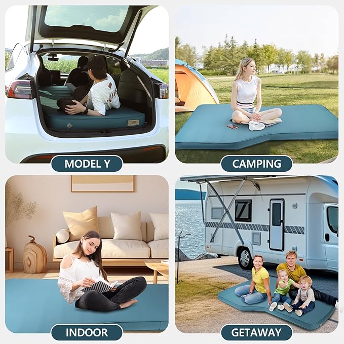 Camping Air Mattress Tesla Model Y Mattress 4 Ultra Thick SUV Air Mattress for Tesla Model Y Mattress Self Inflating Sleeping Bed Portable SUV Air Mattress Car Bed Camping Blue
