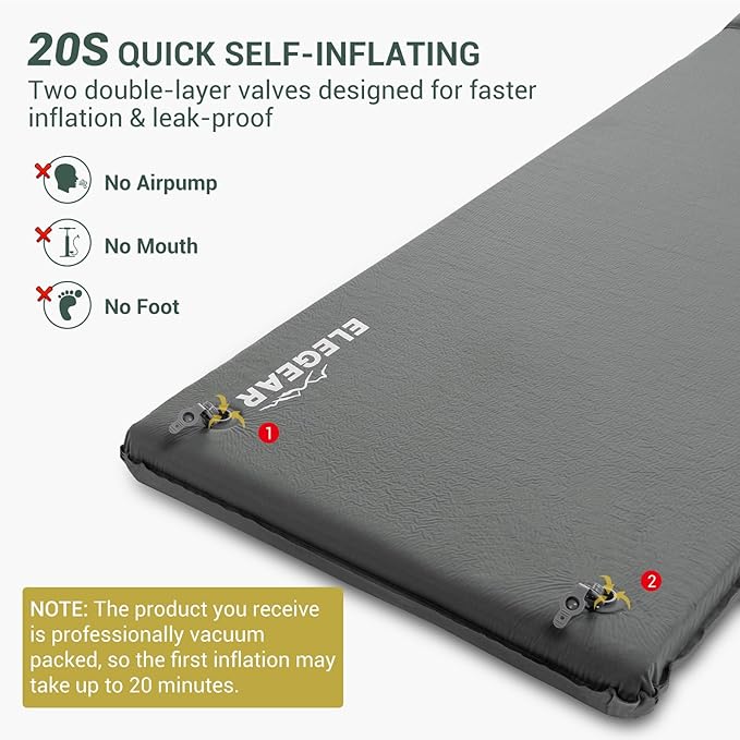 Elegear Self Inflating Sleeping Pad 3.15 Ultra-Thick Memory Foam Camping Pad with Pillow Fast Inflating in 20s Insulated Camping Mattress Pad 4-Season Camp Sleeping Mat for Camp/Travel/Car/Tent