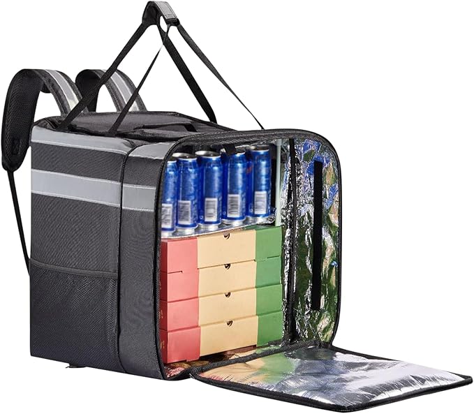Pizza Carrier – Expandable Delivery Backpack Insulated Thermal Interior Heavy Duty Fabric Build Heat Retention Design Secure Zipper Closure Large Capacity Food Transport System | Restaurant Takeo