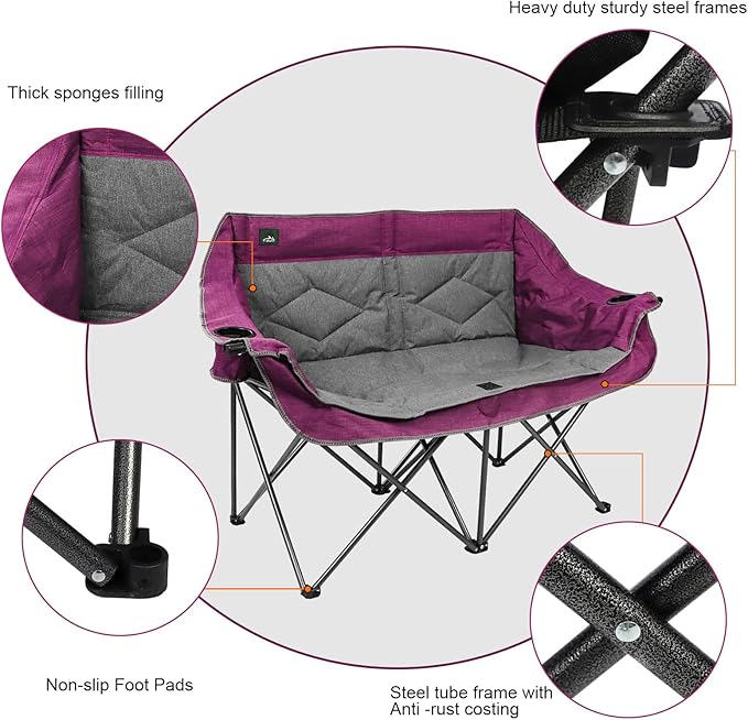 Northroad Folding Loveseat Camping Chair Portable Double Duo Full Padded Garden Sofa Chair for 2 Person w/ 2 Cup HolderWine Glass HolderSupport 600lbs for Outdoor Travel (Purple)