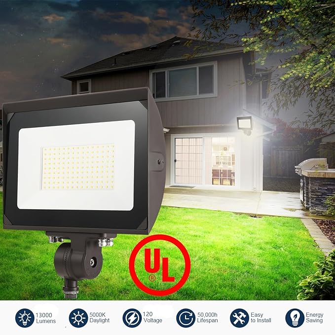 100W Outdoor LED Flood Light with Plate 5000K Daylight 13000LM 120V UL Waterproof LED Security Flood Lighting for Wall Wash/Sign/Flagpole/Tree/Yards/Advertising Boards