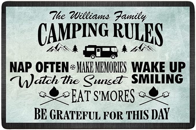 Personalized Camping Rules Welcome Doormat - Custom Family Name and RV Door Mat Accessories for Inside Outside Funny Campsite Decorations Travel Trailers Style 02 16 x 24 inches