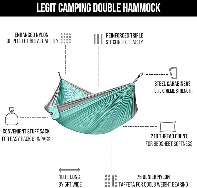 Legit 2 Person Camping Hammock - Double Tree Hammock - Portable &amp Heavy Duty - Perfect for Outdoor &amp Travel
