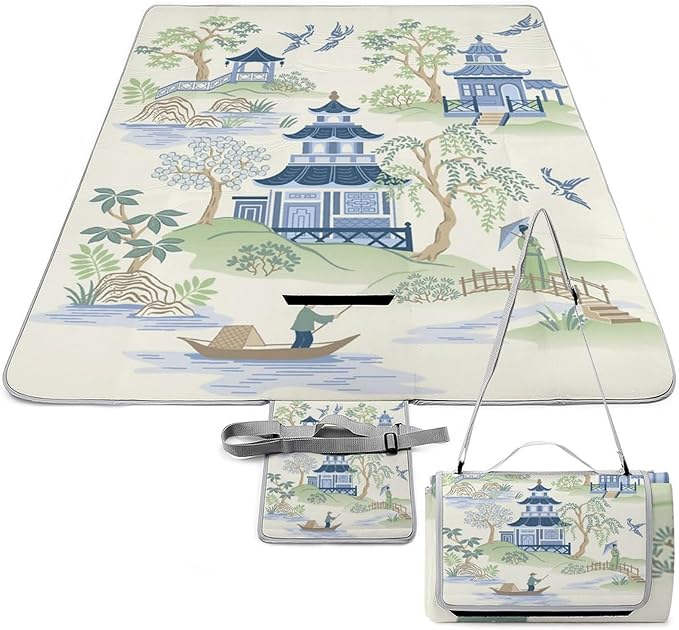Blue and White Ancient Chinese Folk Chinoiserie Style Waterproof Outdoor Picnic Blanket Sandproof Beach Mat for Camping Hiking Grass Travelling