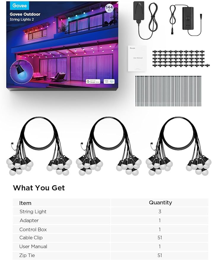 Govee Smart Outdoor String Lights 2 144ft Outdoor Lights with Dimmable Warm White LED Bulbs 47 Scene Modes for Patio Backyard Balcony IP65 Waterproof Works with Alexa App Control