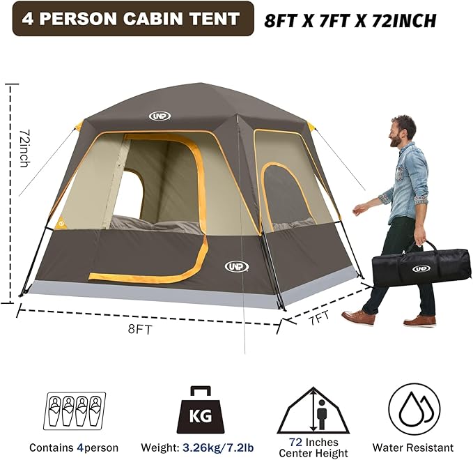 UNP 2/4/6/8 Person Tent Portable Cabin Tent Camping Tent 4-Person Easy Set Up Waterproof with Top Rainfly for Outdoor Camping/Hiking