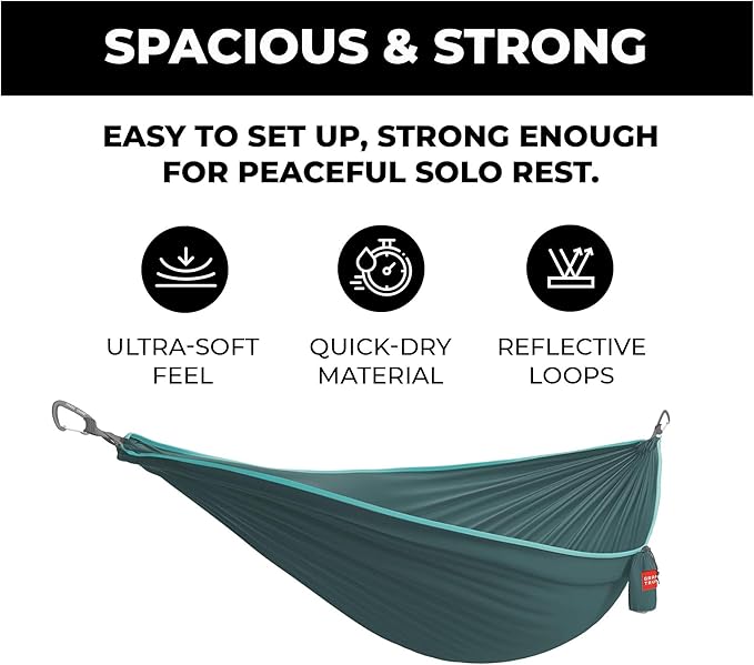 Grand Trunk TrunkTech Single Hammock | Lightweight Ripstop Nylon Camping &amp Travel Hammock 11 ft 500 lb Capacity Includes Carabiners | Red with Navy Trim