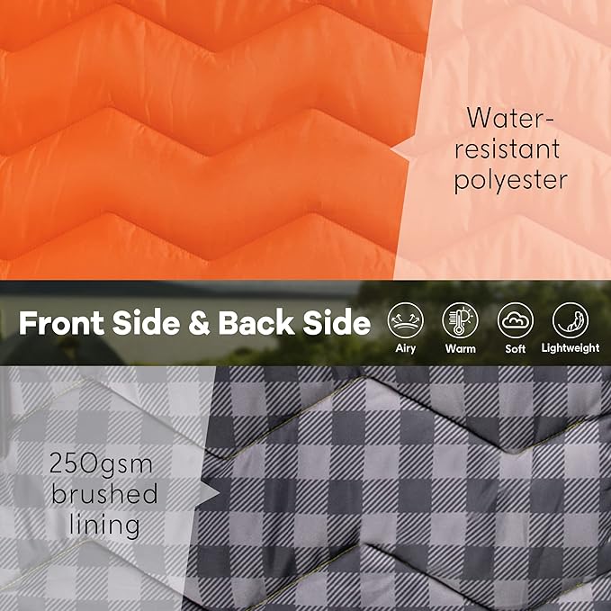 UNIKOME Waterproof Puffy Camping Blanket - Lightweight Packable Outdoor Quilt with Corner Loops Warm Compact Blanket for Cold Weather Hiking Picnic Stadium Travel 75×52 Orange
