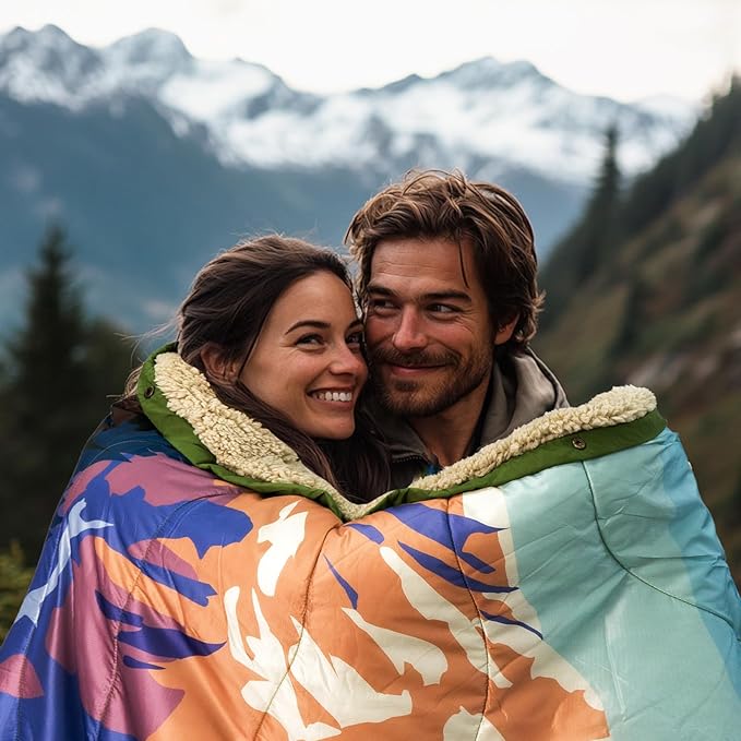 Outdoor Camping Blanket with Sherpa Lining Extra Warm Thick Camp Blankets and Puffy Ultralight Soft Poncho DWR Camping Quilt for Cold Weather Adventure Sleeping Backpacking 78x 56
