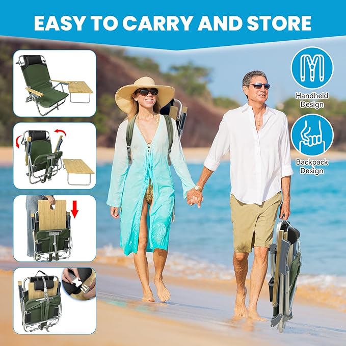 2 Pack Low Backpack Beach Chair with Folding Bamboo Table for Adults 5-Position Lay Flat Reclining Chair Lightweight with Cooler Bag Supports 265 lbs