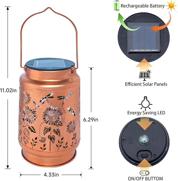 Dragonfly Solar Lanterns Outdoor Waterproof Sunflower Solar Lights Birthday Christmas Gifts for Women Mom Metal Hanging Decorative LED Lantern Outside for Garden DecorYardPatioPorchLawnBackyard