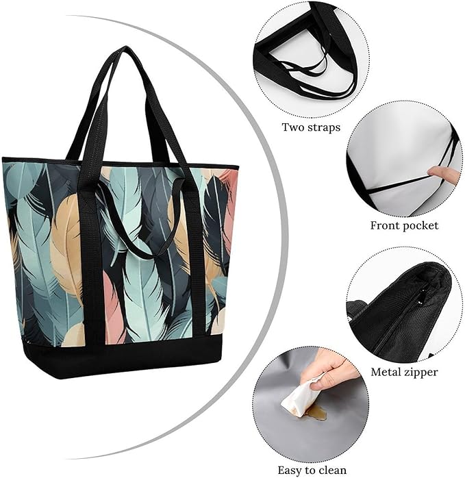 Insulated Shopping BagLarge Reusable Cooler Bags Feather Printed Foldable Shopping BagTravel Waterproof Shoulder Bag