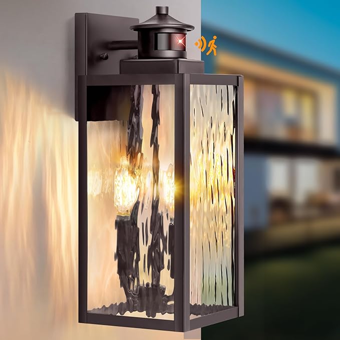 3-Light Motion Sensor Outdoor Wall Light Waterproof Exterior Wall Sconce Light Fixture with Water-Rippled Glass Dusk to Dawn Brown Outside Wall Lantern for House Porch PatioBulbs Not Included