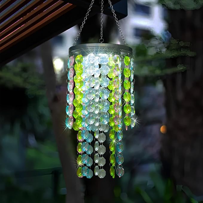 Hanging Solar Crystal Chandelier Outdoor 21” Modern Solar Multicolor Acrylic Beaded Lantern with Cool White LED S Hooks for Garden Yard Patio Gazebo Outside Decor