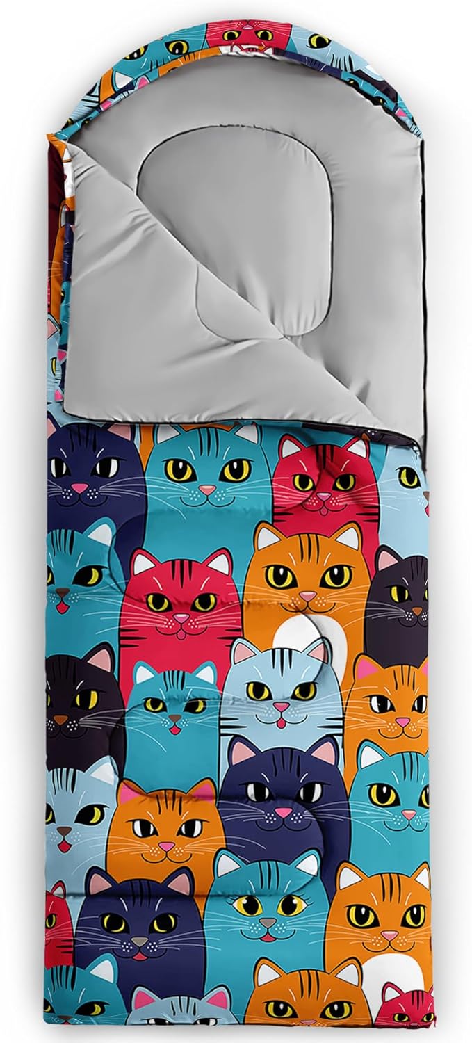 Axolotl Colorful Cats 3 Season Sleeping Bag for Kids Girls Teens - Warm and Cool Weather Pet Animal Theme Waterproof Lightweight for Traveling Outdoors Camping Equipment